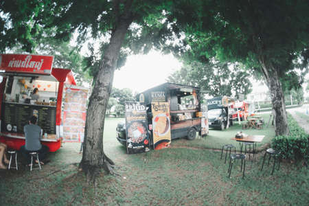 Samut Prakan, Thailand - September 14, 2020 : Food trucks caravan more than five shops that parkingâ andâ selling foodのeditorial素材