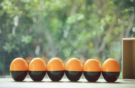 Egg shape made from plastic orange-black colour and open inside some mini toy to surprise and random. Toy surprise eggの写真素材