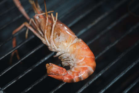 Grilled shrimps or prawns on the flaming grill. Selective focusの写真素材