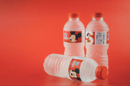 Bangkok, Thailand - October 12, 2020 : Singha drinking water Mickey Mouse Collection size 330 ml. The new collection. Small bottle size 330ml.のeditorial素材