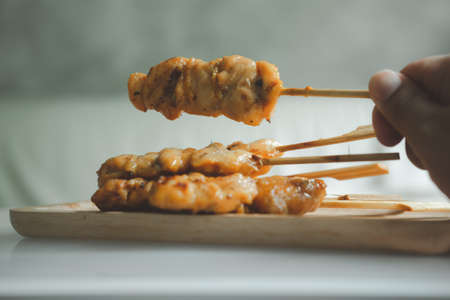 Pieces grilled chicken skewer chicken on hand. Close up