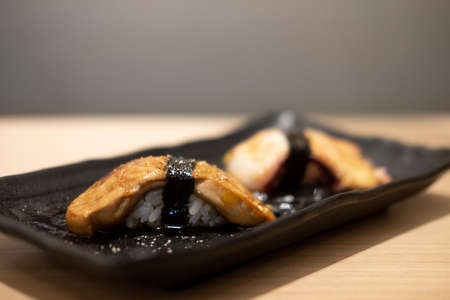 Selective focus point on Sushi Foie gras in Japan restaurantの写真素材