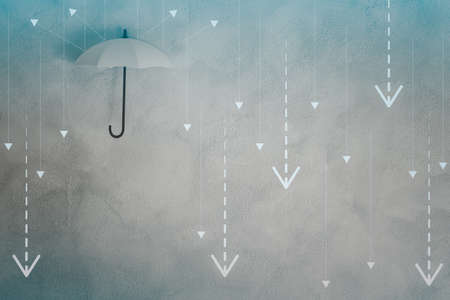 Shower of arrows moving down from the top protect with umbrella. Concept creative idea.
