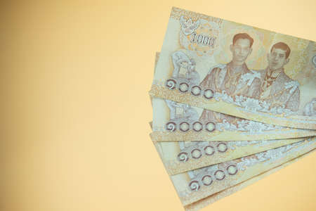 Currency of Thailand (THB). Value 1000 Thai baht. Top view. Business investment concept