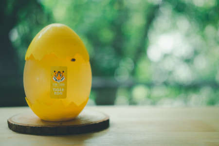 Bangkok, Thailand - October 12, 2020 : Refreshment drink in egg shape with Tiger Egg Super Booster Vitamin C. A very popular bubble tea shop in Bangkok called Seoulcial Club.のeditorial素材