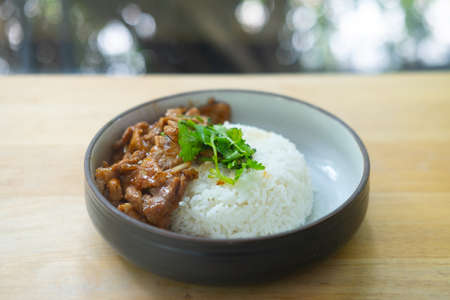 Pork with garlic and pepper on rice. Thai style foodの写真素材