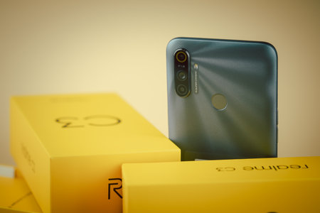 Samut Prakan, Thailand - June 28, 2020 : Realme launch new smartphone realme C3 on February 18, 2020 Bangkok, Thailandのeditorial素材