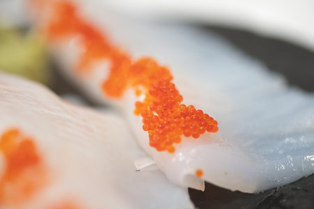 Fresh of raw squid and salmon eggs, Japanese food style. Selective focusの写真素材