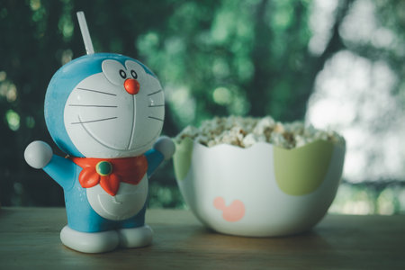 Bangkok, Thailand - December 12, 2020 : Doraemon set of bucket popcorn and soft drink to promote...