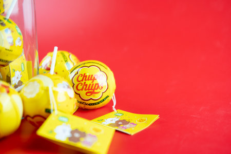 Samut Prakan, Thailand - January 3, 2021 : Chupa Chups Lollipop. The entire Chupa Chups x LINE toys,...