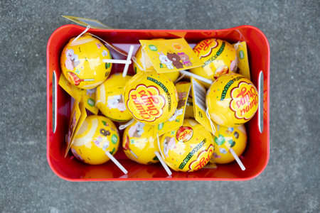 Samut Prakan, Thailand - January 5, 2021: Chupa Chups Lollipop. The entire Chupa Chups x LINE toys,...
