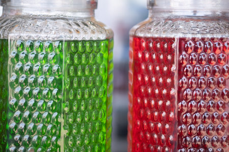 Colorful drink in green and red of flavors in glass vintage tank. Close up