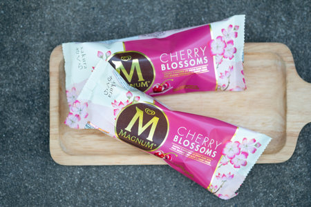 Samut Prakan, Thailand - January 14, 2021 : Ice cream wall Magnum ice cream cherry blossoms flavor...