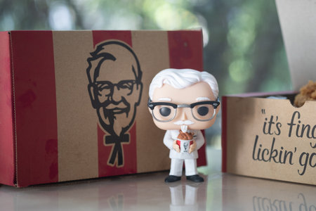Bangkok, Thailand - January 15, 2021 : Figure model of Funko Pop! Icons: KFC - Colonel Sanders (05) Kentucky Fried Chicken with fried chicken in boxのeditorial素材