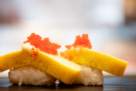 Japanese sweet egg roll topped with shrimp eggs. Selective focusの写真素材