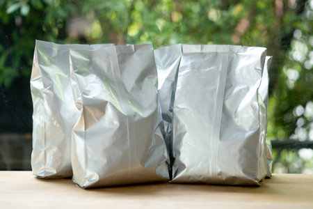 Group of foil plastic paper bag front view. Packaging template mockup collectionの写真素材