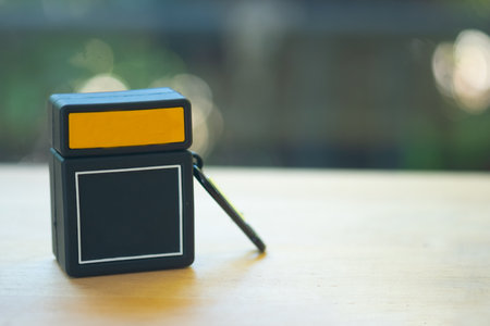 Keychain case box on wood table. Close upの写真素材