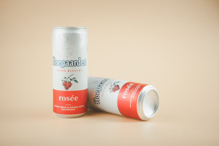 Samut Prakan, Thailand - January 24, 2020 : Two of can of Hoegaarden Rosee Belgium beer 330 ml size, Hoegaarden Rosee are currently popular in Thailand.のeditorial素材