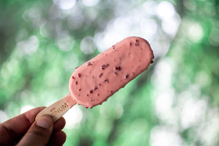 Samut Prakan, Thailand - February 7, 2021 : Ice cream wall Magnum ice cream cherry blossoms flavor in hand, one of the ice cream brands of Unilever Group, the world's largest ice cream maker.のeditorial素材