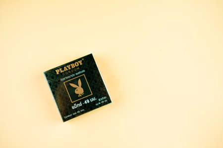 Samut Prakan, Thailand - February 7, 2021 : A box of PLAYBOY Condom size 49 mm. PLAYBOY brands of condomsのeditorial素材