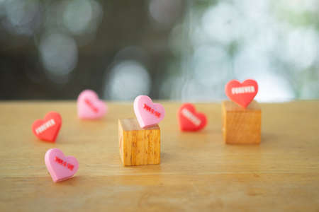 Message in heart "you and me" on pink heart and  message of "forever" on red heart put on wood tableの写真素材