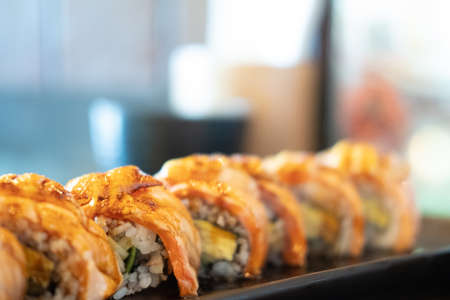 Salmon Engawa Roll. Select focusの写真素材