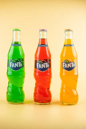 Samut Prakan, Thailand - February 28, 2021 : Popular soft drink in glass bottle volume 375 ML. Soft drink Fanta of three flavour is an carbonated beverage produced by the Coca-Cola Company.のeditorial素材