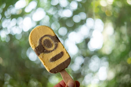 Bangkok, Thailand - February 28, 2021 : A male hand holding Paddle Pop Minions Caramel and Chocolate Flavoured Ice Confection on a nature background. NEW! Wall's Paddle Pop.のeditorial素材