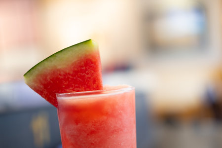 Watermelon smoothie with watermelon fruit in glass. Selective focusの写真素材