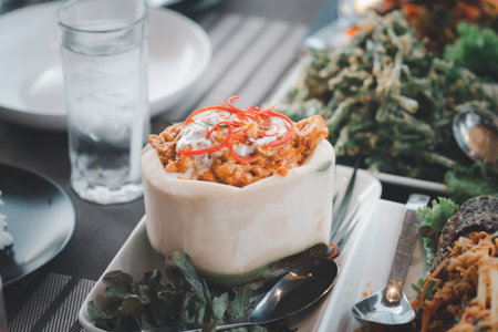 Prawns, clams, crabs, fish steamed spicy Thai with curry paste. Thai food called Ho Mok Talay served in white young coconut shellの写真素材