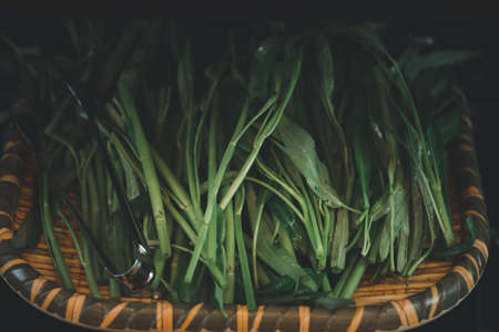Fresh Chinese morning glory vegetable for sukiyaki buffet and Thai barbecue buffet in refrigerator.
