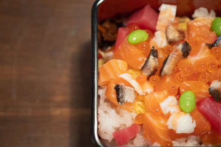 Japanese food mix sashimi chirashi rice bowl. Top viewの写真素材