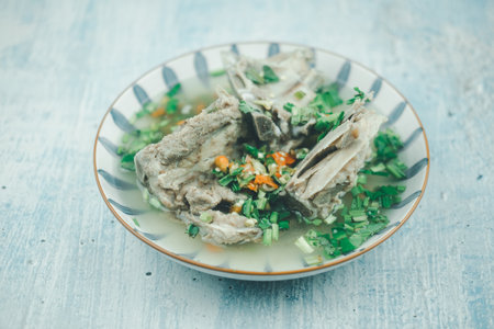 Close up Hot and Spicy Soup with Pork Ribs. Spicy Pork with Pork bone Soup (Lang Zaap)の写真素材