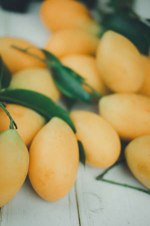 Bunch of Sweet yellow Mayongchid with leaf. Seasonal fruit in Thailand for February-Aprilの写真素材