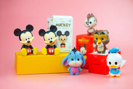 Bangkok, Thailand - April 13, 2021 : Cute figurine of new blind box 4 collection from Miniso All. 4 collections have a total of 32 piece sell start in Thailand on 9 April 2021 at Miniso shop.のeditorial素材