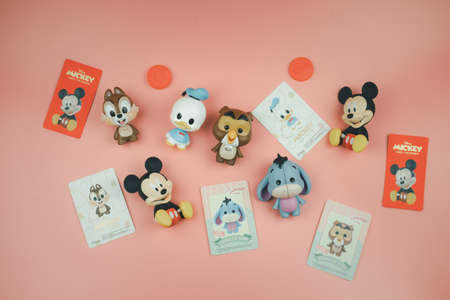 Bangkok, Thailand - April 15, 2021 : Cute figurine of new blind box 4 collection from Miniso All. 4 collections have a total of 32 piece sell start in Thailand on 9 April 2021 at Miniso shop.のeditorial素材