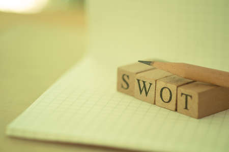 Swot word written on wood cube. SWOT Analysis concept. Strengths, weaknesses, threats and opportunities of companyの写真素材