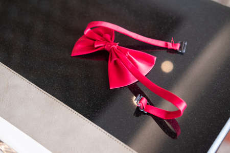 Close up fashionable red bow tie on black table