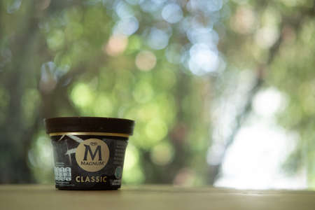 Samut Prakan, Thailand - May 22, 2021 : A container of Magnum milk chocolate vanilla ice cream placed on wood tableのeditorial素材
