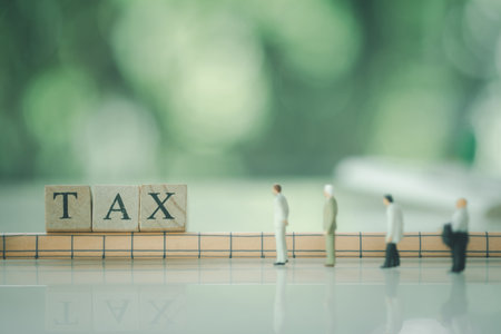 Miniature people pay queue annual income (TAX) for the year. The concept of pay taxの写真素材