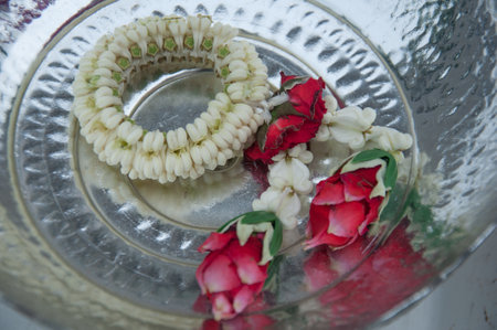 Flower garland in tray. Thai garland for respect.