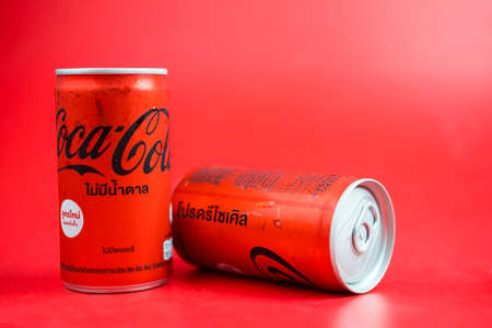 Bangkok, Thailand - May 31, 2021 : Mini can of new Coca-Cola Coke without Sugar comes with a new...