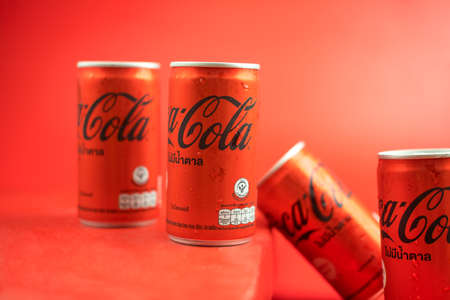 Bangkok, Thailand - June 3, 2021 : Mini can of new Coca-Cola Coke without Sugar comes with a new...