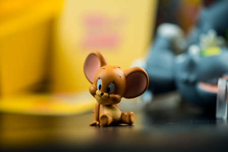 Samut Prakan, Thailand - June 3, 2020 : Jerry finger doll form random box of TOM & JERRY series on a black background from Miniso shopのeditorial素材