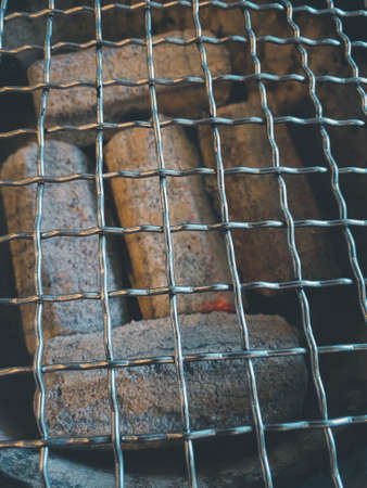 Close up of stove bbq grill and charcoal for cooking, fire