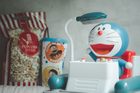 Bangkok, Thailand - June 14, 2020 : Doraemon time machine bucket set popcorn and soft drink, promote the movie : Japanese Animation Stand by Me Doraemon 2 at the Theater from Major Cineplex Group Plc.のeditorial素材