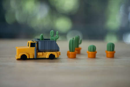 Miniature yellow pick up truck  with cactus tree and next to a cactus tree. Concept of gardening businessの写真素材