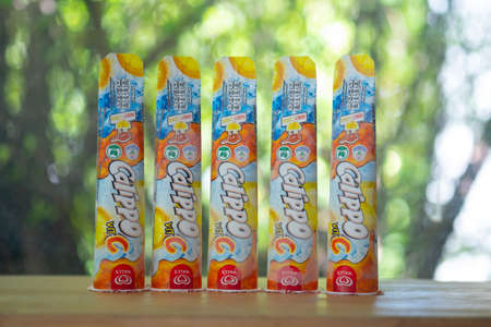 Samut Prakan, Thailand - June 25, 2021 : The new Wallâs Calippo with Vitamin C. Wallâs Calippo in Thailand now comes with a vitamin-fortified version and comes with the Healthier Choice logo.のeditorial素材