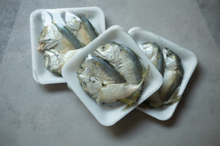 Mackerel fish was wrapped in plastic on a white foam pad for sale in Thailand. Best food during bad...