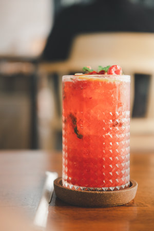 Glass of cold raspberry black tea on wood table